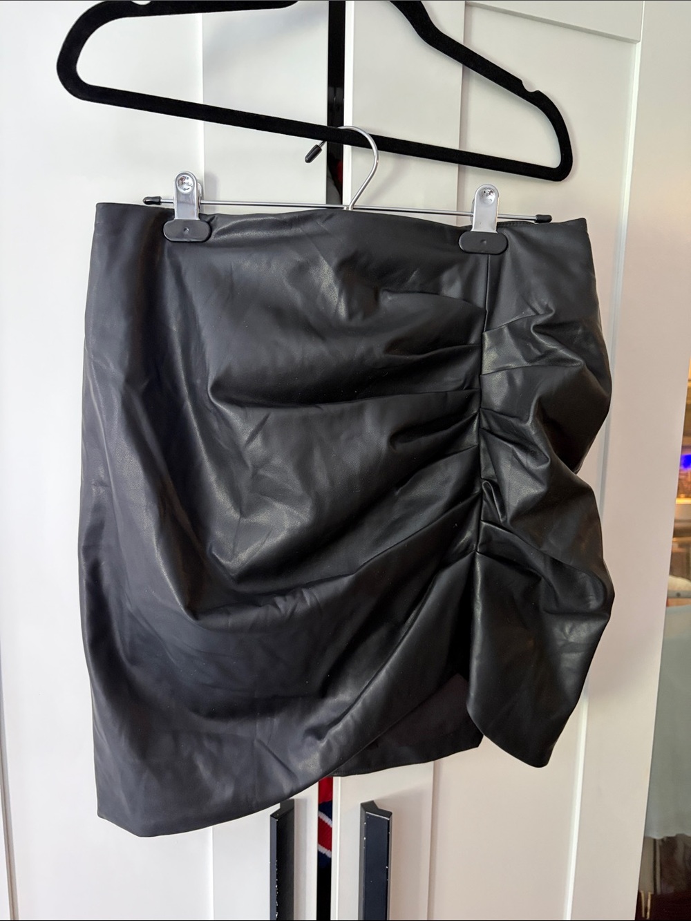 Black Faux Leather Ruched Mini Skirt
